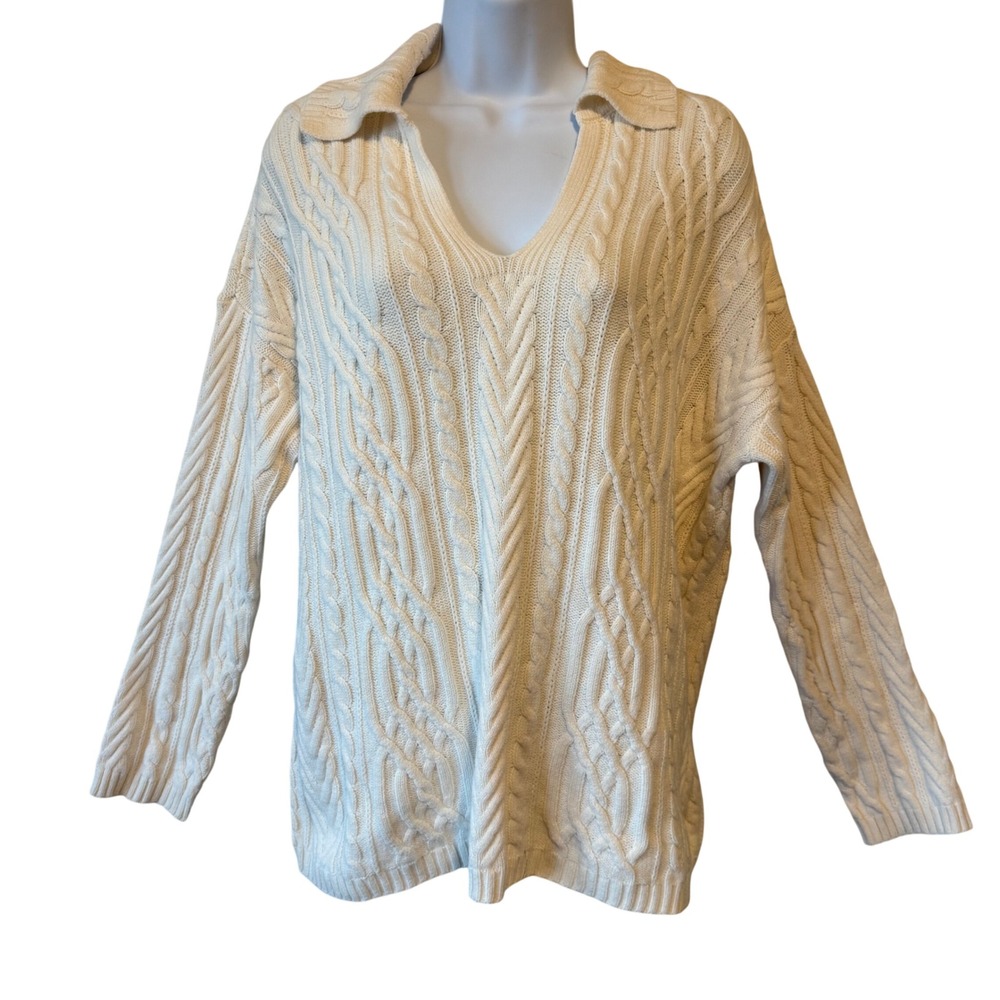 J Jill Cable Knit Collared‎ V-Neck Sweater Ivory Cotton Blend Women's L Petite